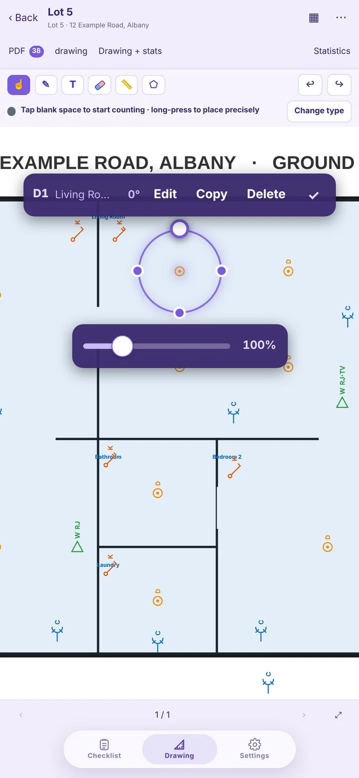 Drawing page with points placed on a floor plan