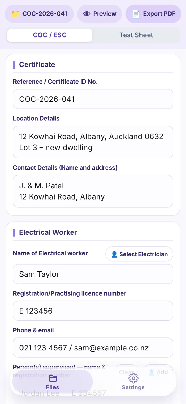 COC / ESC certificate form