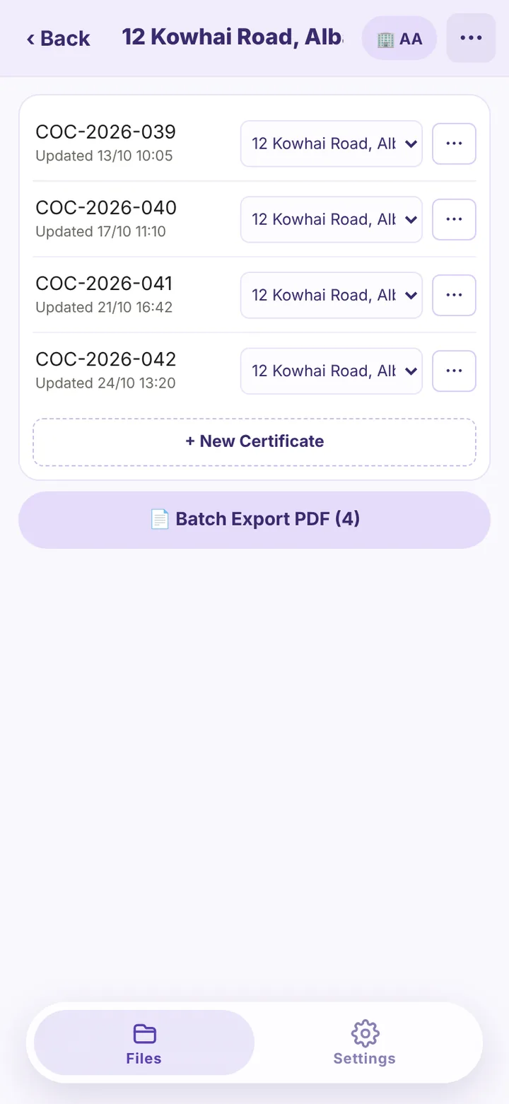 Certificate list inside a job folder