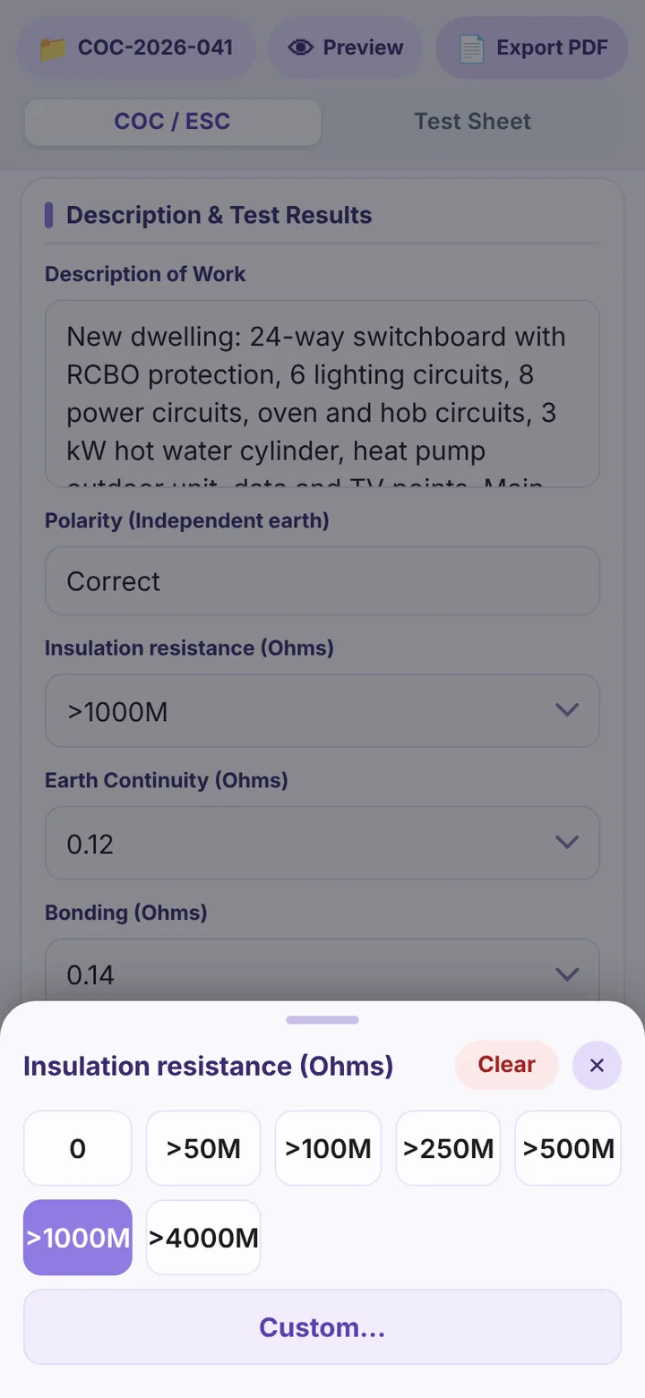 Value panel for a test result