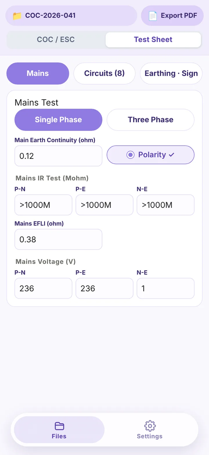 Test sheet, mains test