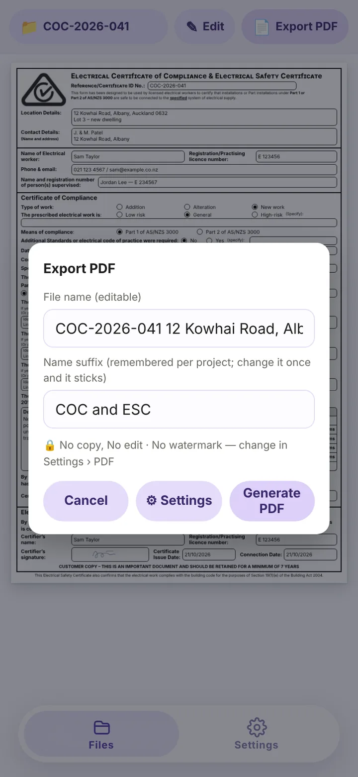 Export PDF dialog