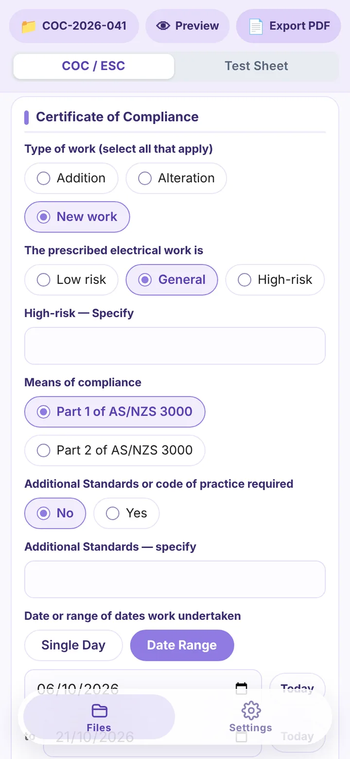 Certificate of Compliance section with the options